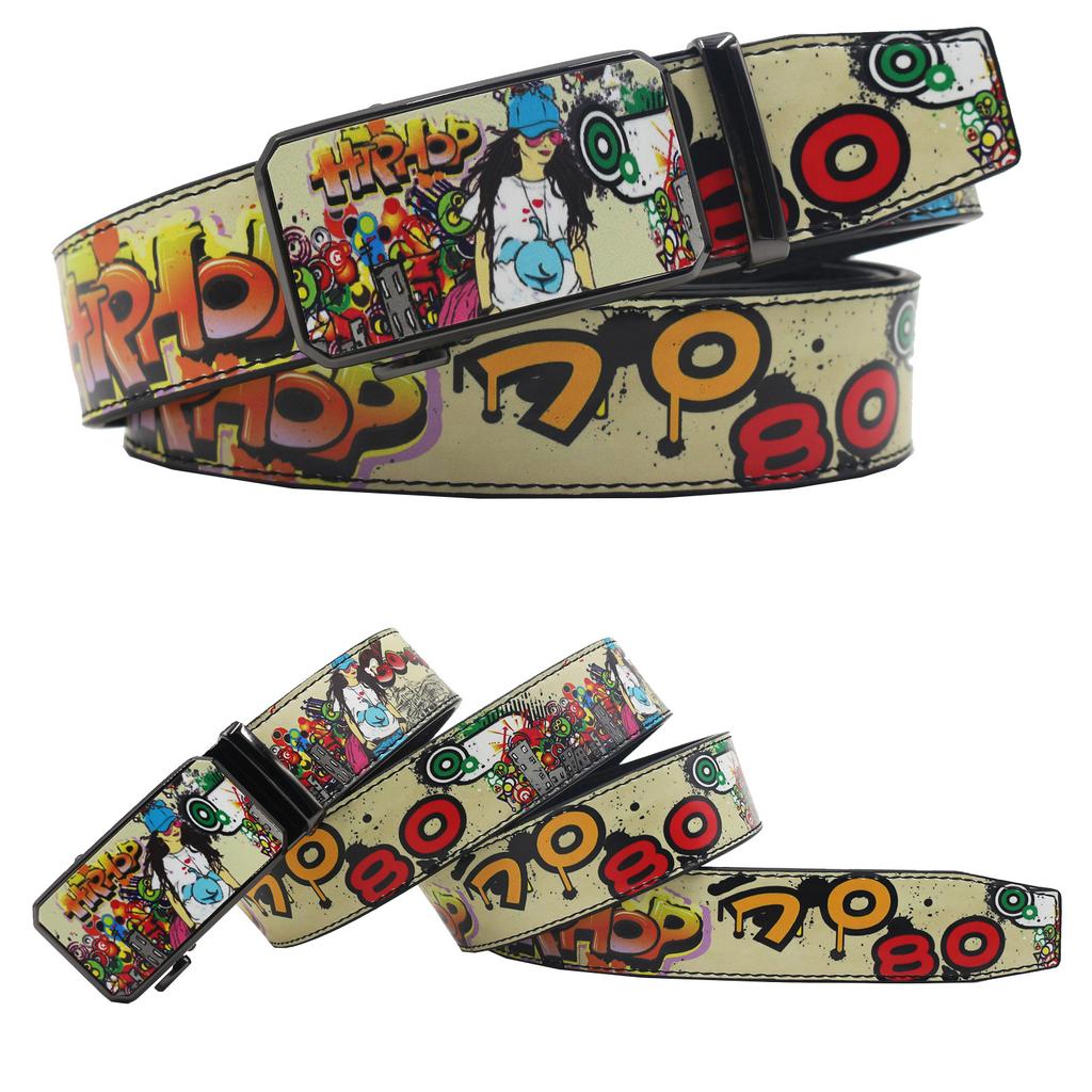 New Casual Automatic Buckle Printed Graffiti Casual Versatile Personalized Belt Belt European and American Versatile