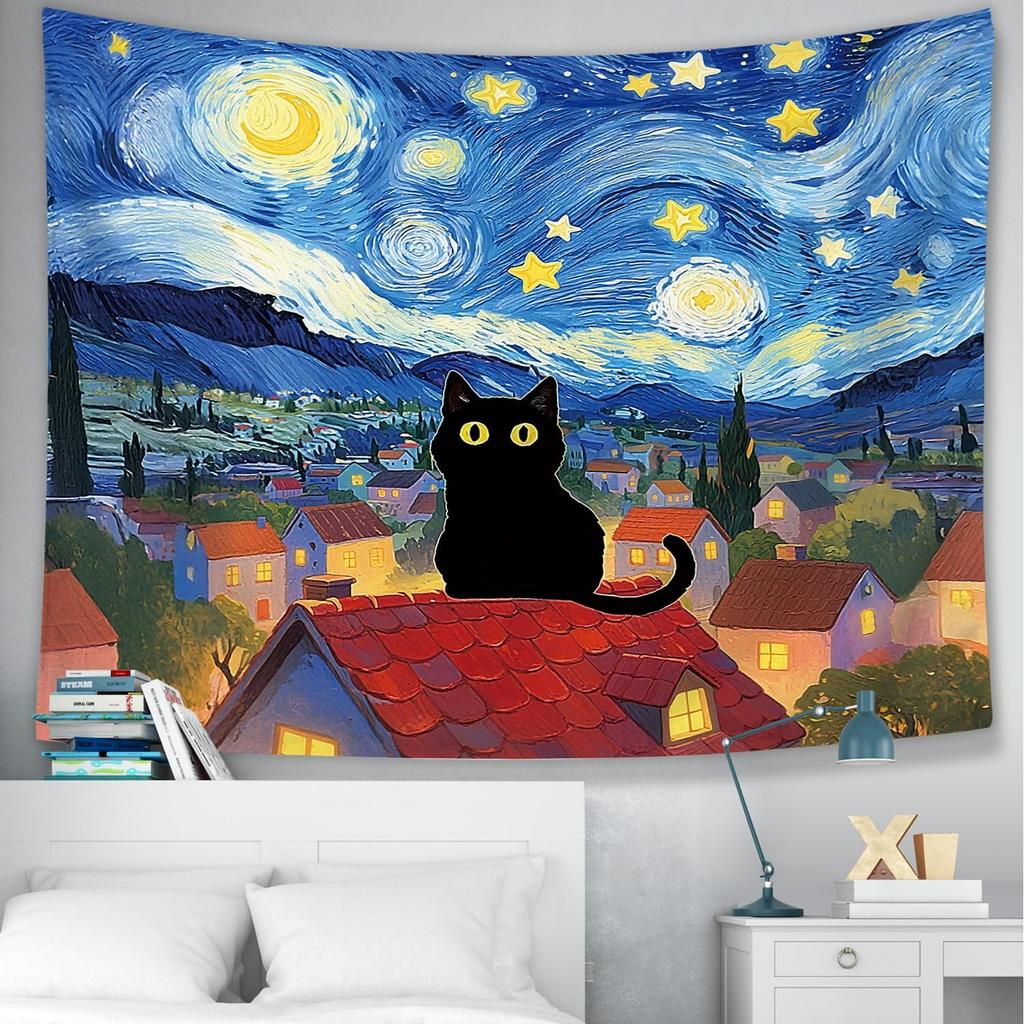 Black Cat Starry Night Tapestry, Gifts for Cat Mom Lovers Lady Women, Celestial Night Sky Black Cats Wall Art Tapestries Decor