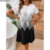 MODIQUE 2025 Summer New Women's Casual Geometry Print Pleated Short Dress Ladies Loose A-Line Hot Short Sleeve O-Neck Dress