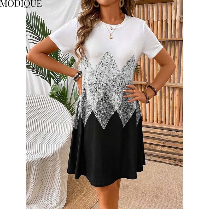 MODIQUE 2025 Summer New Women's Casual Geometry Print Pleated Short Dress Ladies Loose A-Line Hot Short Sleeve O-Neck Dress