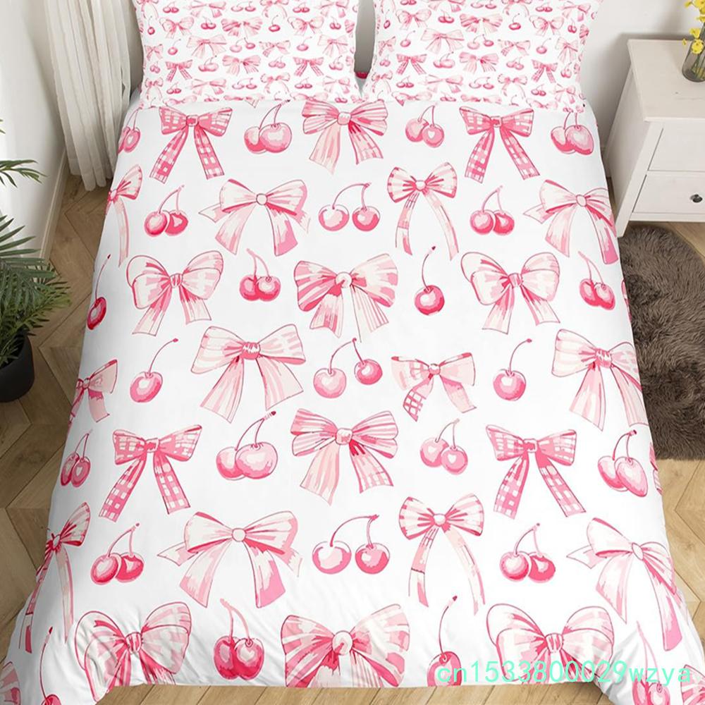 Bowknot Girlish Duvet Cover Cherry Cake Cartoon Bedding Set Cute Dots Love Heart Bow-tie Comforter Cover,Pink Kawaii Quilt Cover