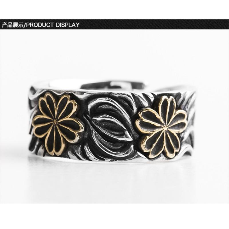Adjustable Open Ring Men Women Sterling Vintage Cherry Blossom Floral Design Style Stackable Finger