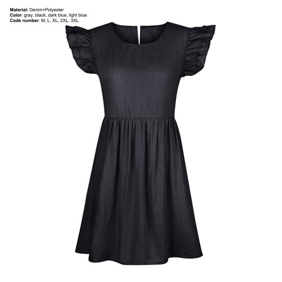 Mini Sukienka z Falbankowym Rękawem Jednolity Kolor Damska Luźna Sukienka Dżinsowa z Okrągłym Dekoltem