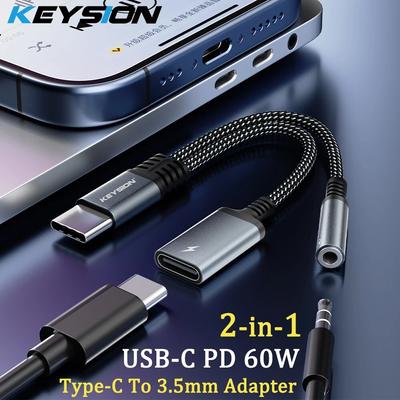 KEYSION Adaptador 2 em 1 Tipo C para 3,5mm DAC de Áudio para Fone de Ouvido Tipo C Jack de Fone de Ouvido PD 60W Carregamento Rápido Divisor para iPhone 15 Pro