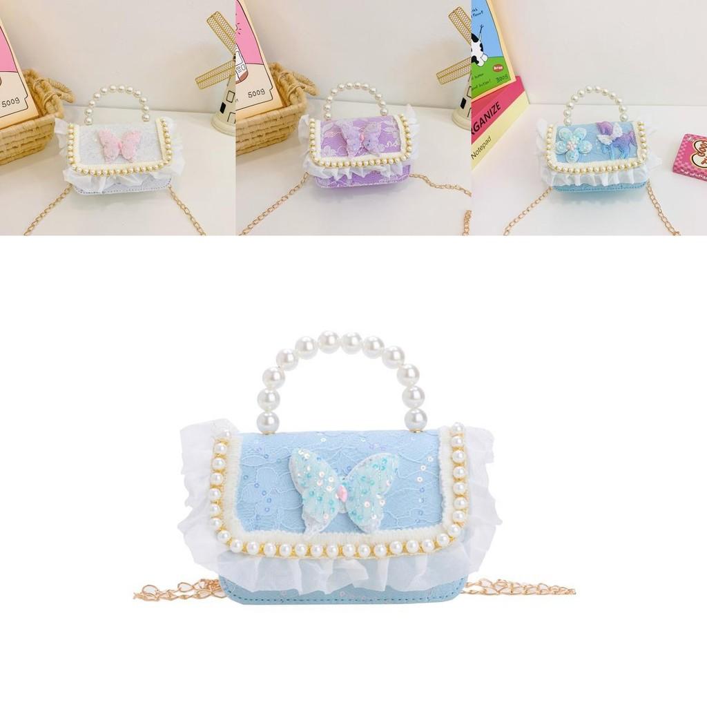 Elegant And Charming Lace Childrens Handbag Cute Butterfly Pearl Bag For Kids