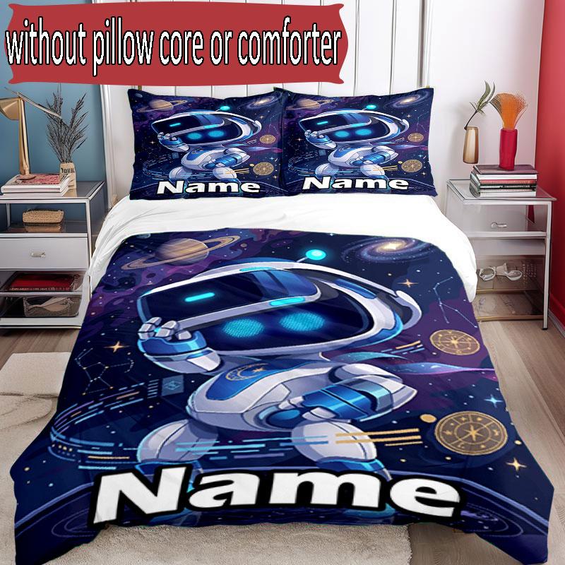 3pcs Duvet Cover Set (1*Duvet Cover + 2*Pillowcase, Without Core), Custom Name Cosmic Bot Crew Pattern Bedding Set, Home Bedroom Decor Gift