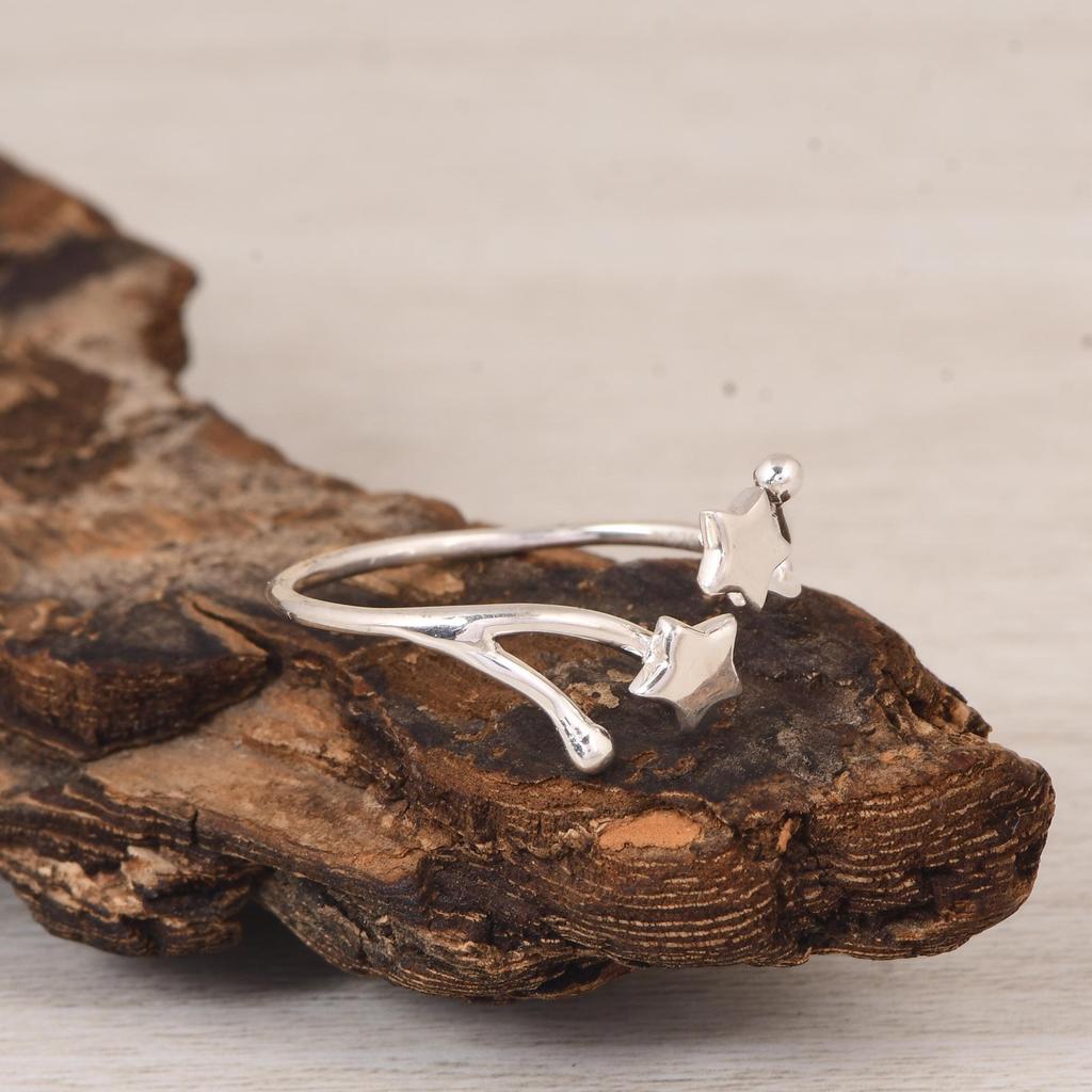Double Star Adjustable Ring in 925 Sterling Silver | Minimal Celestial Open Ring | Star Symbol Silver Jewelry | Gift for Her