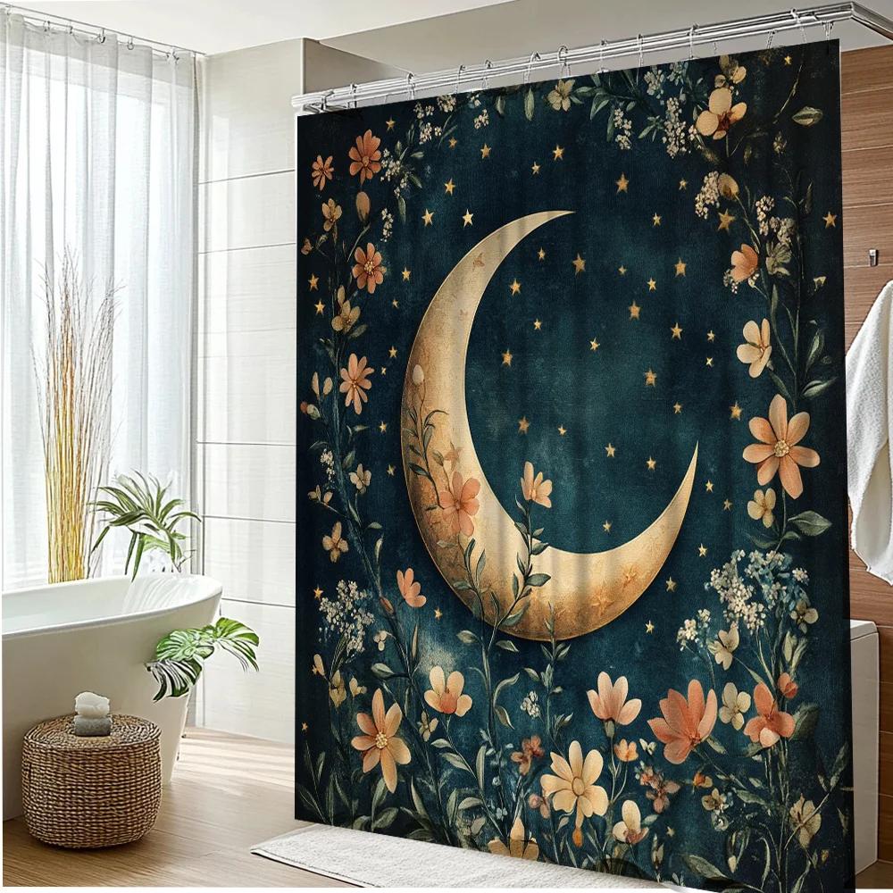 1pc Dreamy Moon Floral Shower Curtain - Enchanting Night Sky Design with Crescent Moon, Stars & Vibrant Flowers on Dark Teal,