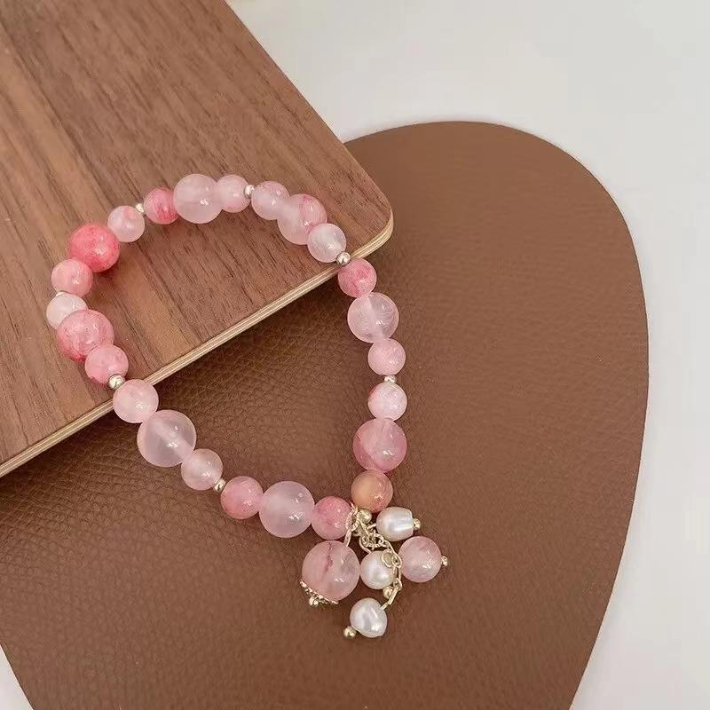 Romantic Pink Crystal Stone Bracelet Strand Bracelets For Women Charming Imitation Pearl Drop Bracelet For Picnics Party