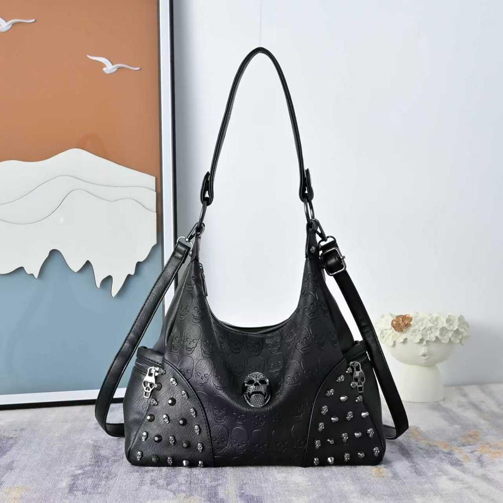 SHELKSBAG Womens Tote Bags Gothic Skull Studded Strap Hobo Handbag Large Capacity Vintage PU Leather Crossbody Shoulder Bag