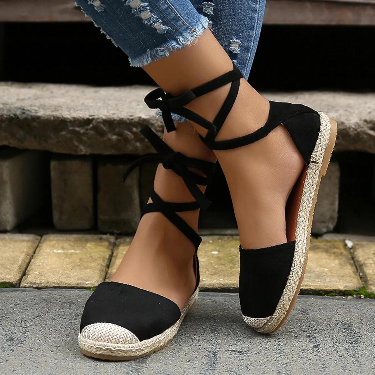 

Мода 2024 года, новые женские туфли Flta, модные сандалии на плоской подошве с закрытым носком на шнуровке для женщин, повседневная обувь в римском стиле, женская обувь для ходьбы больших размеров 42 чёрный