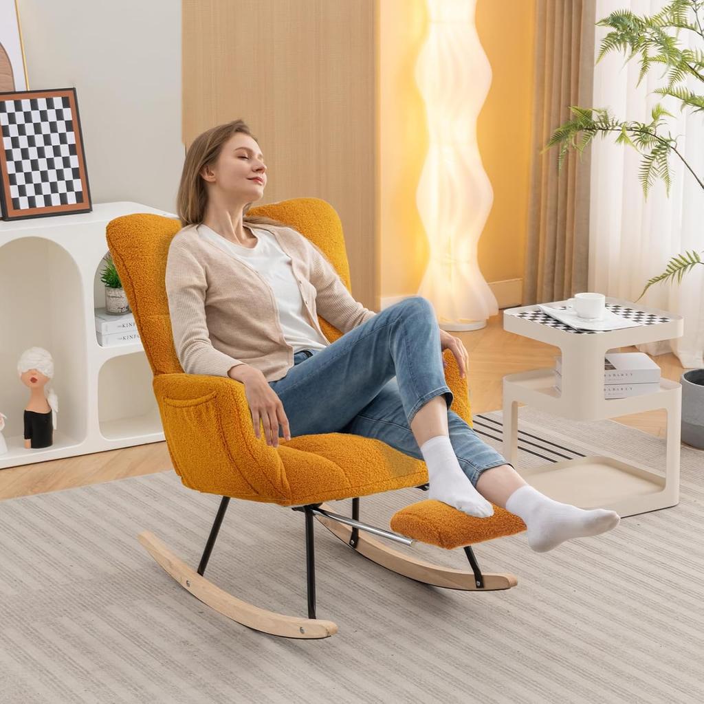 Teddy Upholstered Glider Rocker Adjustable Footrest High Backrest Padded Recliner Reading Chair Bedroom