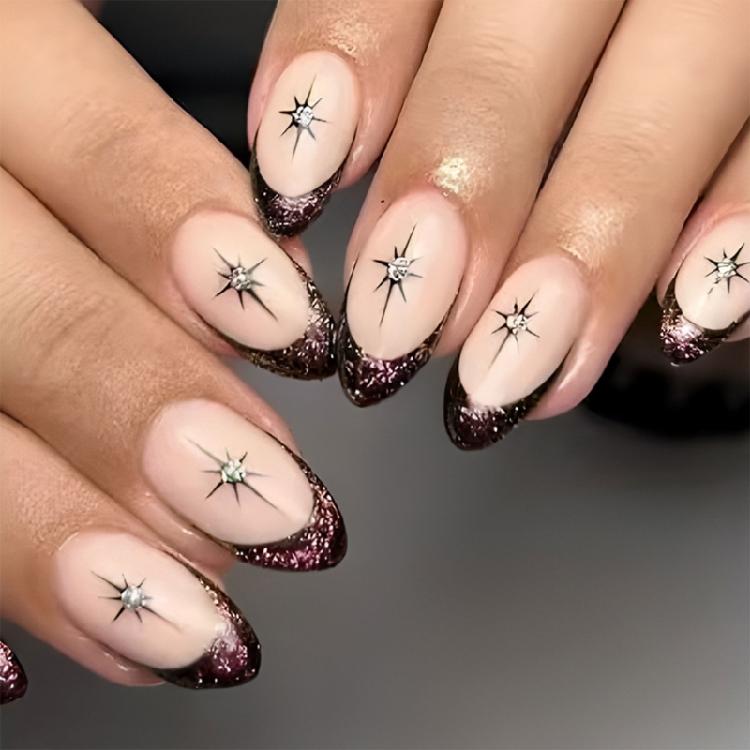 

24pcs Short Almond Press On Nail Artificial Nail Glitters Star Designs French Tip Stick on Nail for a Stylish Look 1