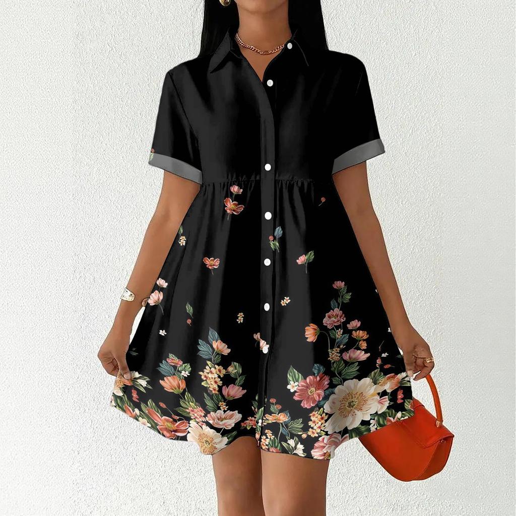 Women’s Casual Loose Fit Shirt Dress with Button Front Stand Collar Short Sleeve Polka Dot and Stripe Print Design