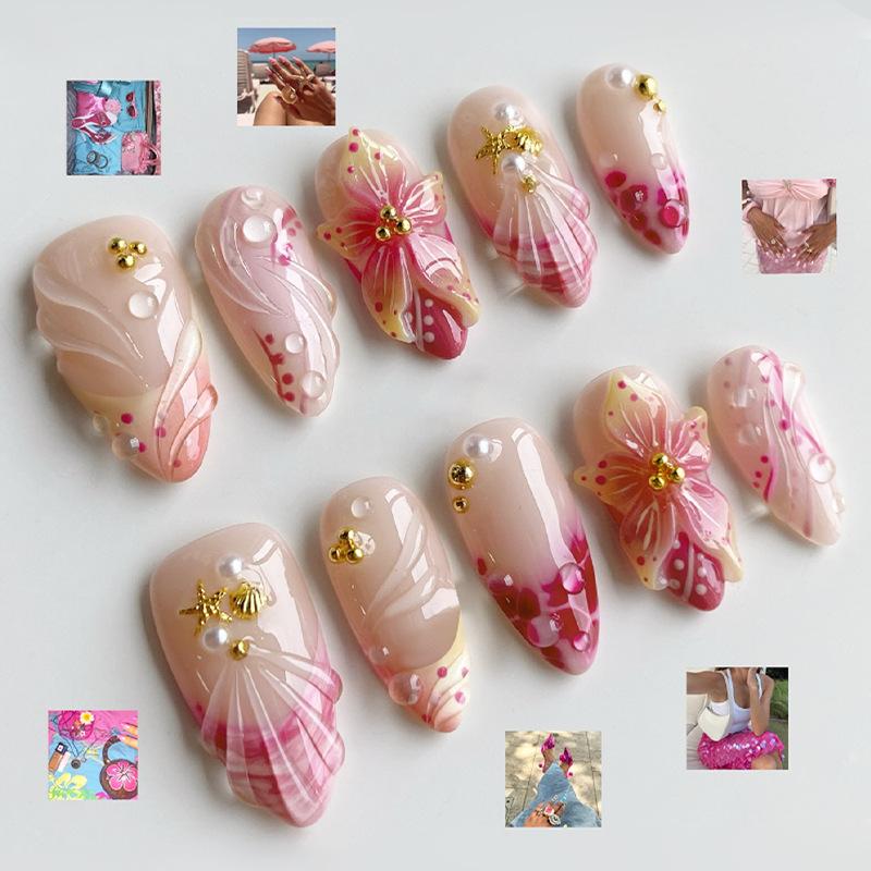 24pcs Wearable Press On Nails Strawberry Bow Design Nails Tips Red Short Almond Pearl Starlight Fake Nail Art Flower False Nails