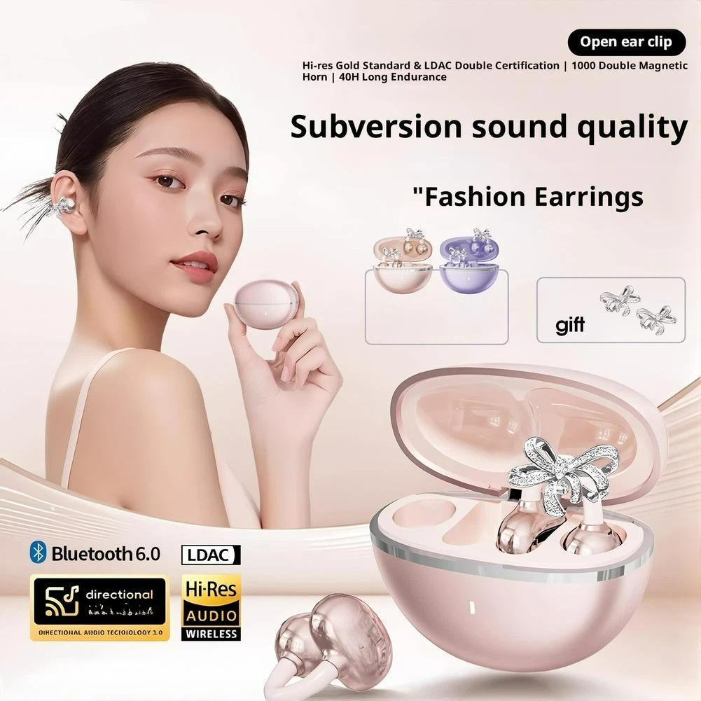 Clip-on Earbuds Wireless Bluetooth 5.4 Open Ear Headphones with Detachable Crystal Bowknot Earrings Eearphones For Sports, Fitness & Workouts