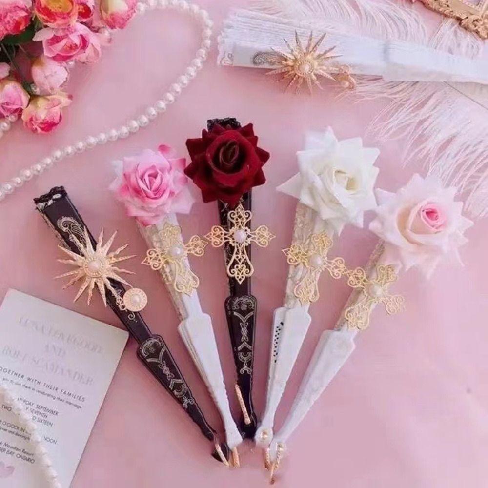 Éventail Pliant Dentelle Rose Européenne Rétro Ventilateurs de Spectacle Portables Ventilateurs à Main Cosplay Décoration de Maison