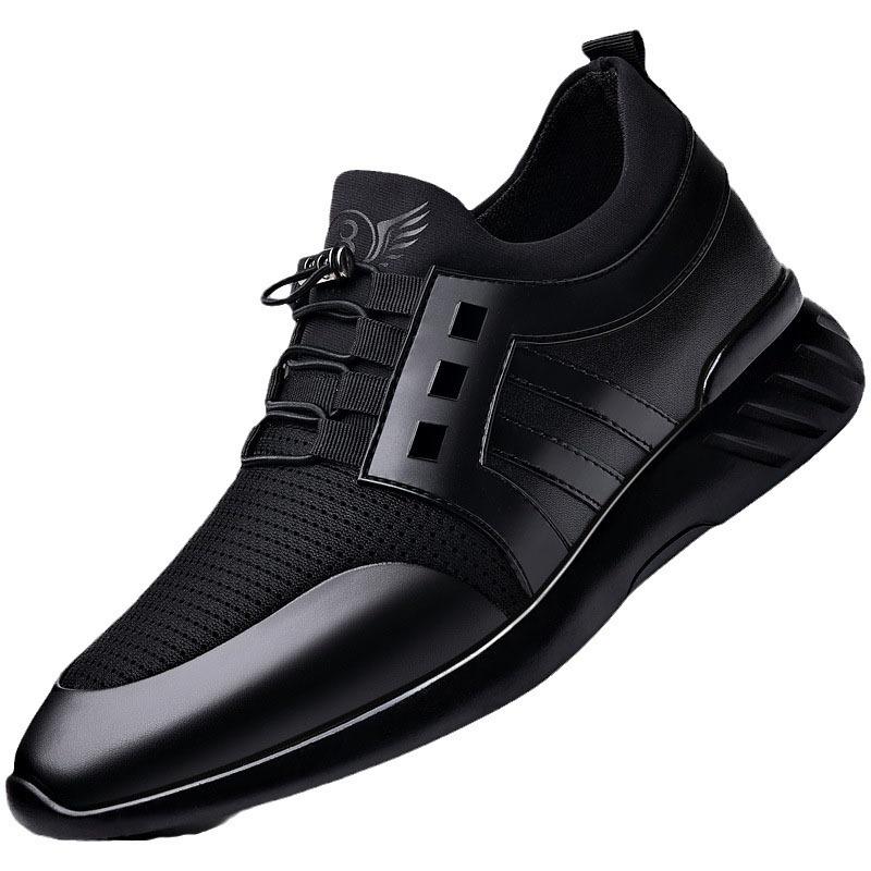 2025 New Leather Men's Shoes Soft Sole Heightened 8CM Youth Leather Shoes Mesh Breathable Extra Large Size Casual Elastic Shoes