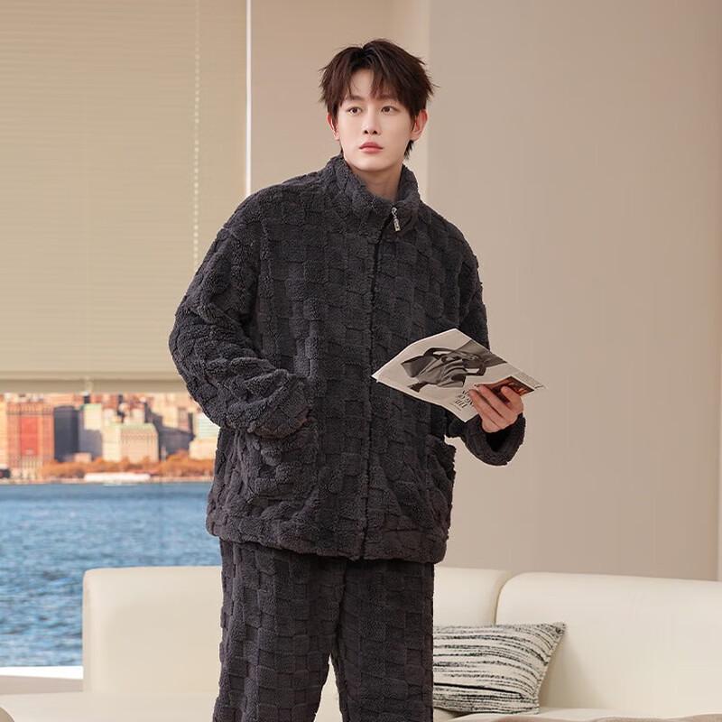 

Men s Warm Coral Fleece Zipper Loungewear Set L