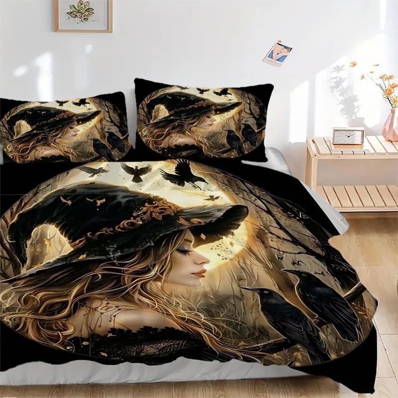 3pcs Witch's Moonlit Journey Bedding Set - Includes Quilt Cover and Pillowcases, Suitable for All Seasons,