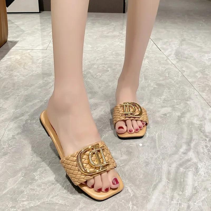 Fashion Women Slippers Party Sexy Elegant Slippers Women Luxury Decor Weave Designer Flat Sandals Fashion Open-toe Vacation Slides Women