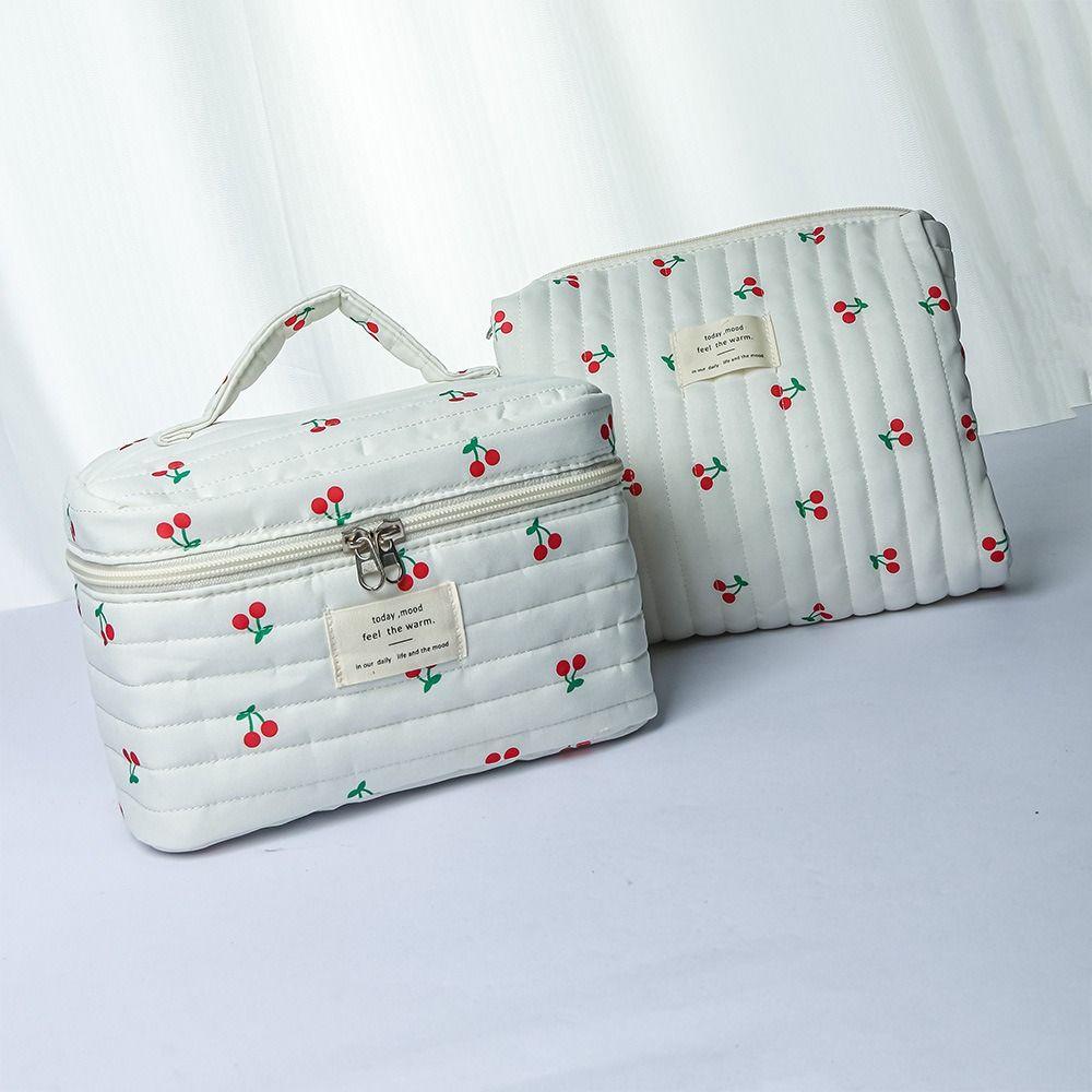 Retro Cherry Print Makeup Bag Cute Large Capacity Toiletry Bag Multifunctional Quilted Cotton Pencil Case Makeup Storage
