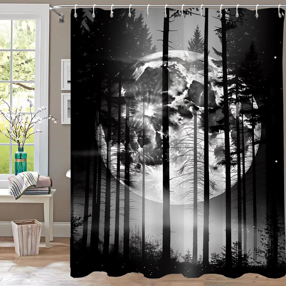 Mysterious Night Misty Forest Shower Curtain, Scenery Bathroom Curtain,Printed Polyester Home Decorative Curtain with Hooks
