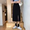 Saia Feminina Preta Cintura Alta Fenda Lateral Comprimento Midi Saia Feminina Elástica Slim Linha A Retrô Elegante Versátil Simples Moda
