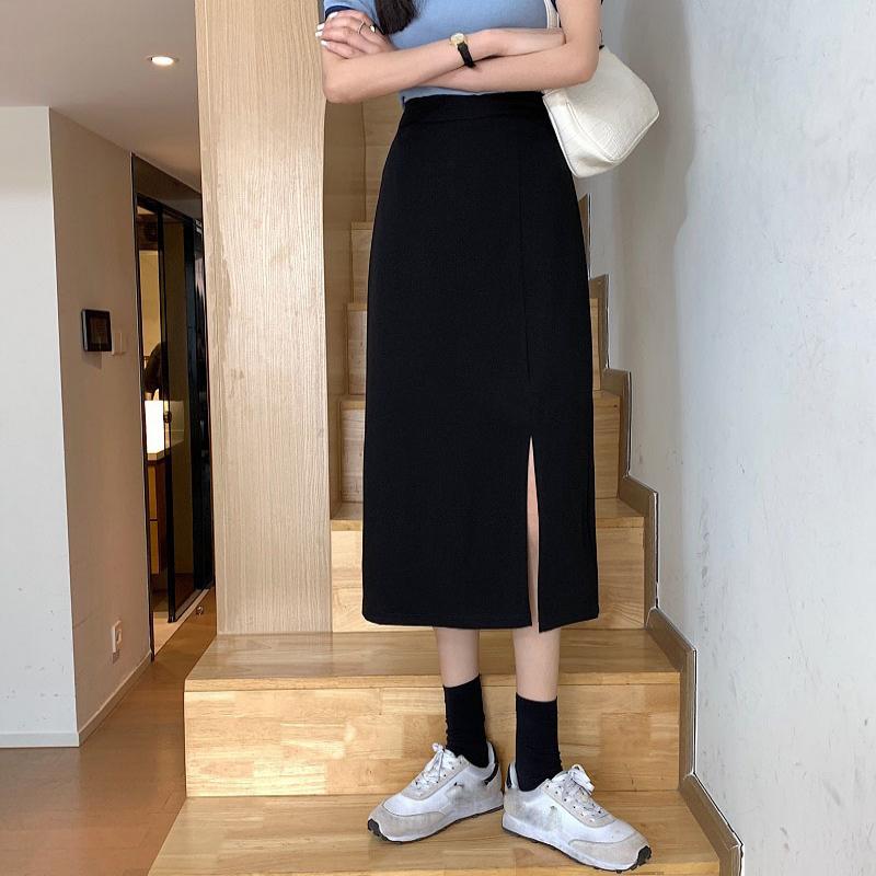 Saia Feminina Preta Cintura Alta Fenda Lateral Comprimento Midi Saia Feminina Elástica Slim Linha A Retrô Elegante Versátil Simples Moda
