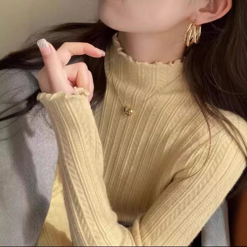 Fungus Edge Knitted Sweater Women's New Chic Top Semi-turtleneck Bottoming Shirt Women's Autumn and Winter Wear