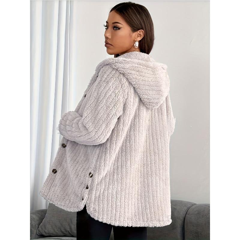 Autumn and Winter Solid Color Long Sleeved Textured Button Hooded Loose Plush Women's Coats