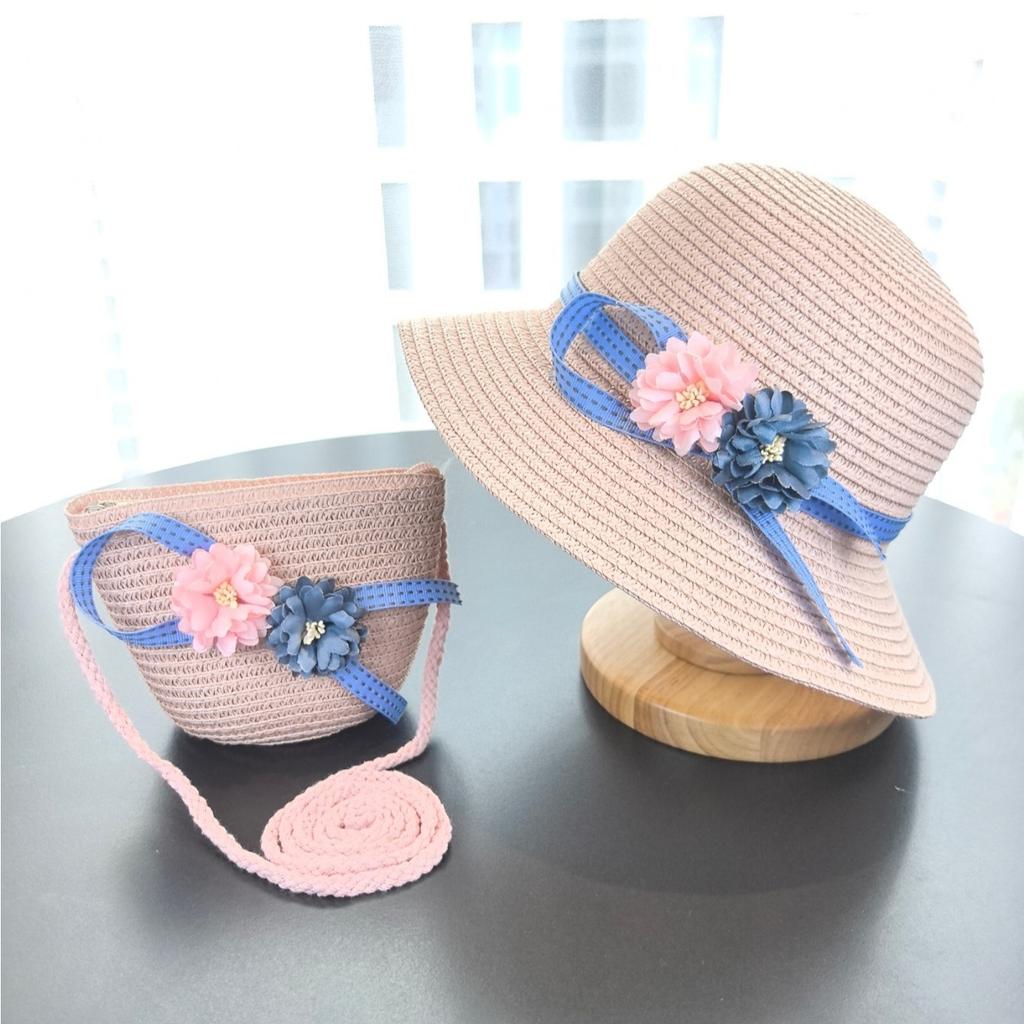Girls 2Pcs Straw Hat Solid Color Outdoor Travel Sun Hat Floral Fisherman Style Children'S Fashion Accessory For Girls