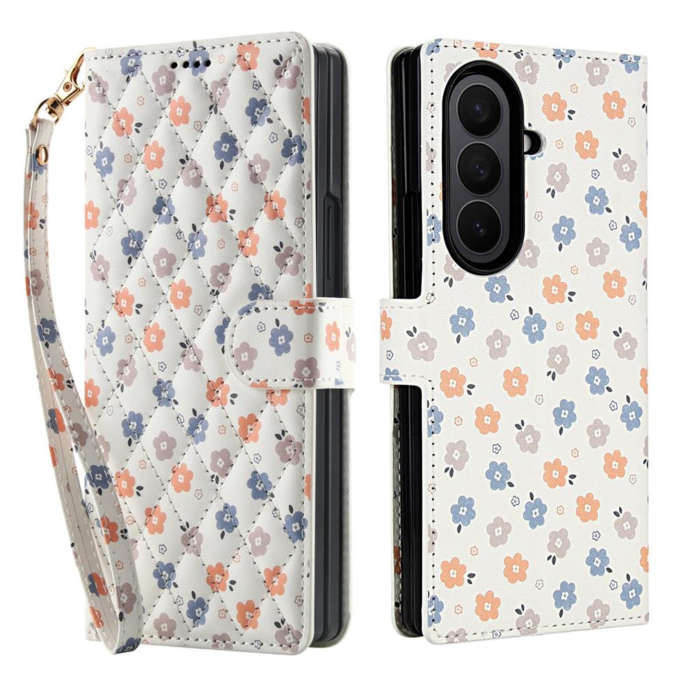 White Leather Colorful Flowers Wallet Flip Phone Case For Samsung Z Fold 7 6 5 4 5G Soft Wrist Strap Shockproof Cover