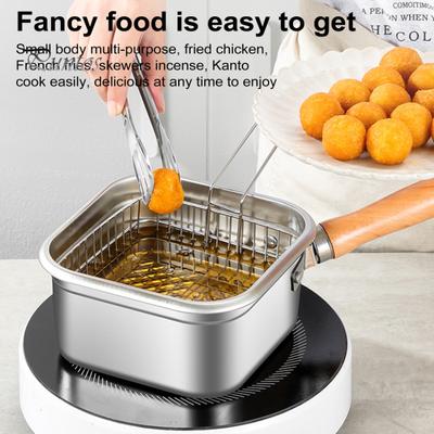 Small Deep Fryer Pot Steamer Cookware Cooking Tool Wooden Handle Stainless Steel Portable Pan for Vegetables Camping Picnics