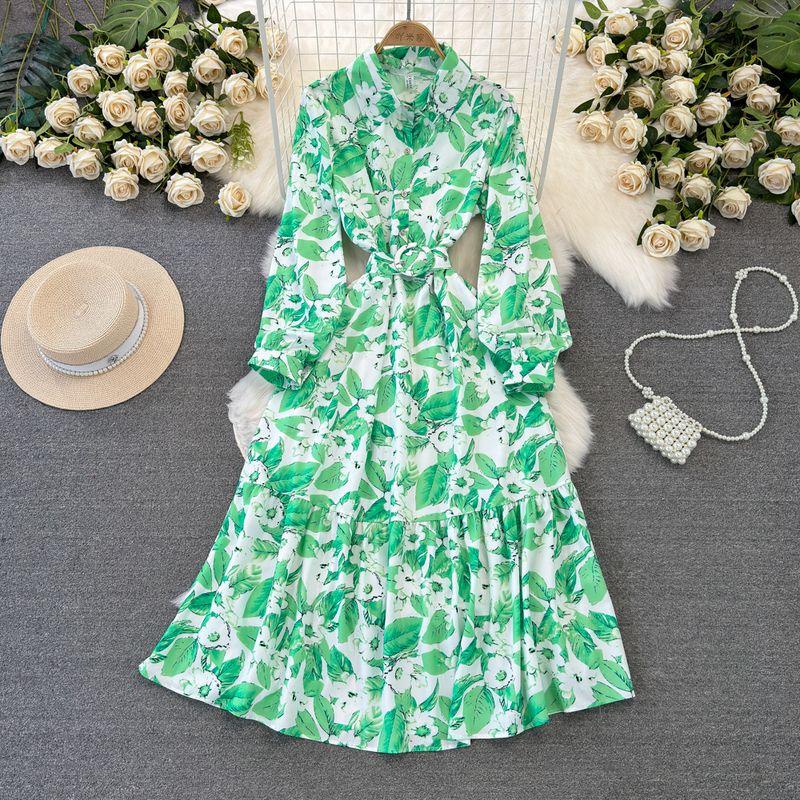 

Spring and Autumn Long Sleeves Elegance Wide Hem Printed Dress Green leaves on white background All yards