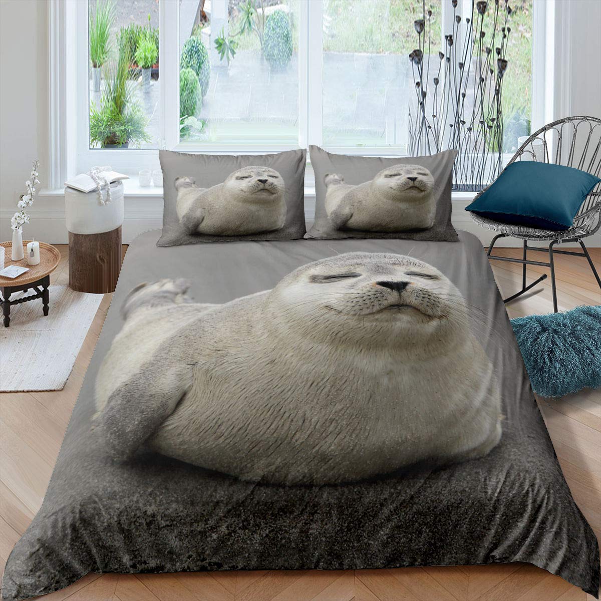 

Sea Lion Duvet Cover King/Queen Size,cute Sea Lion Sleeping on The Sea Print Bedding Set for Kids Boys,ocean Animals Quilt Cover 70x133cm 2pcs