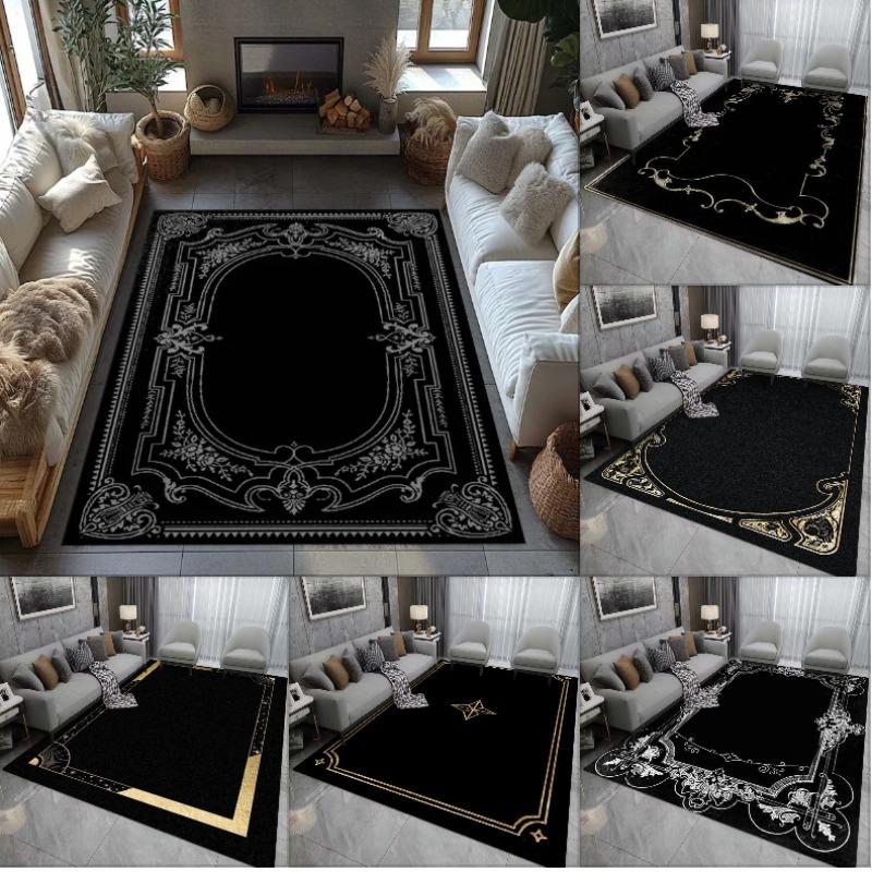 Alfombra Vintage Turca Gótica Bohemia Área Sala de Estar Sofá Dormitorio Decoración Rústica Alfombra Negra Decoración del Hogar Alfombra Retro