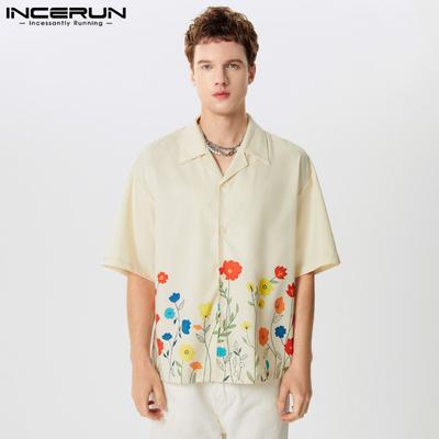 Summer T-shirts Men Short Sleeve Floral Print Buttons Casual Loose Tops