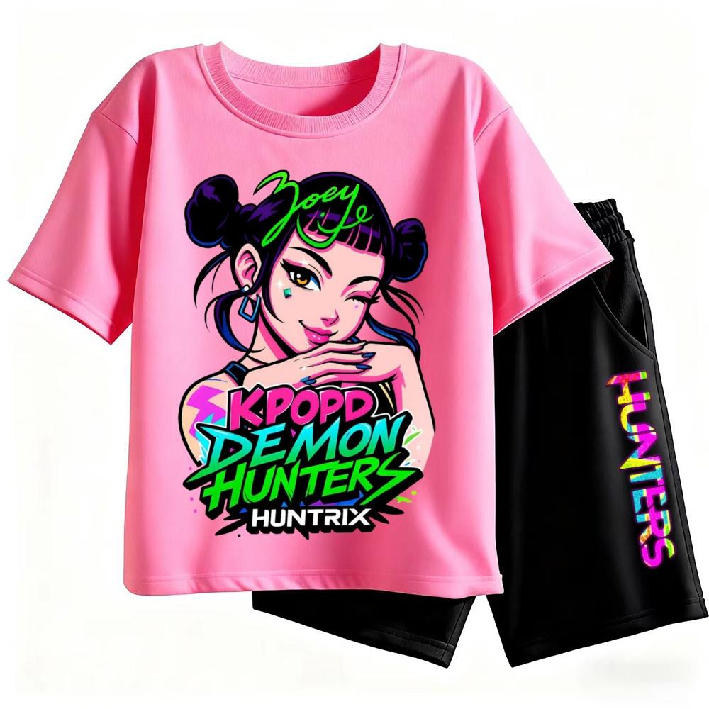 2pcs Kpop Demon Hunters Short Sleeved Shorts Set Featuring Rumi Mira Zoey Girl Group Magical Warrior Fan Tops
