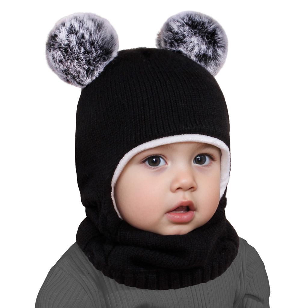 Winter Kids Balaclava Hat Double Pompom Knit Beanie Cap for Baby Boy Girl Warm Thick Fleece Lining Children One-piece Hat Scarf