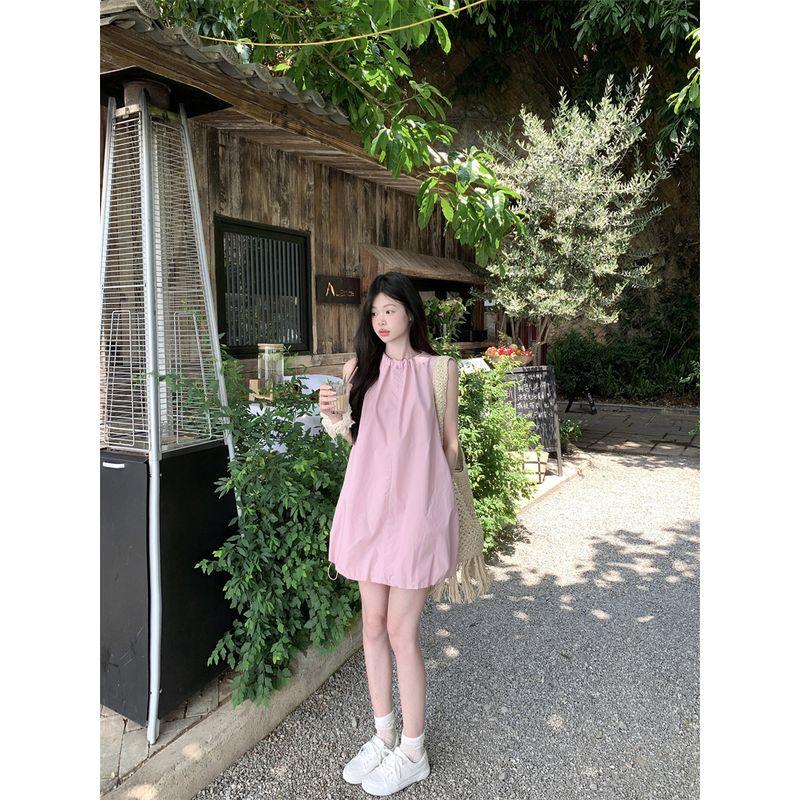 Kumikumi Sweet Age-Reducing Pink Sleeveless Dress Women Summer Simple Flower Bud Skirt Vest Skirt Casual Short Dress