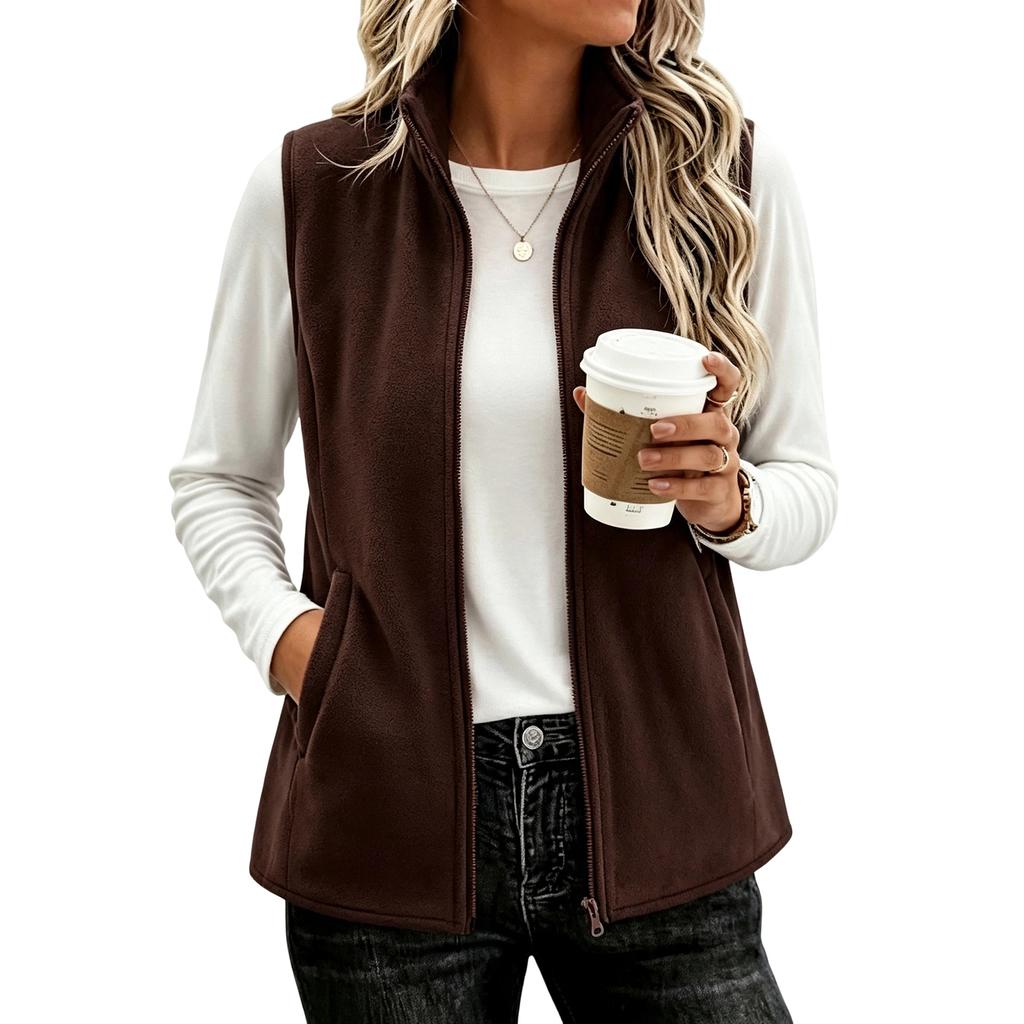 Women's Casual Loose Fit Sleeveless Vest with Stand Collar for Everyday Wear