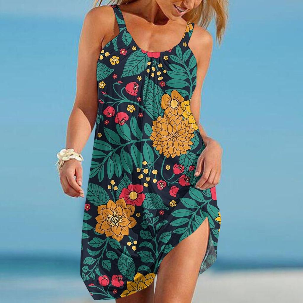 Lässiges Boho-Strandkleid für Damen mit Blumendruck, ärmellos, süß, fließendes Tank-Kleid
