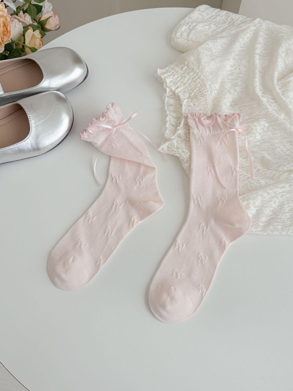 

2 Pairs Women Mid Tube Mesh Thin Socks with Bow Decoration Shor Socks Fashion Trendy Sweet Korean Style Summer Silk Socks One Size