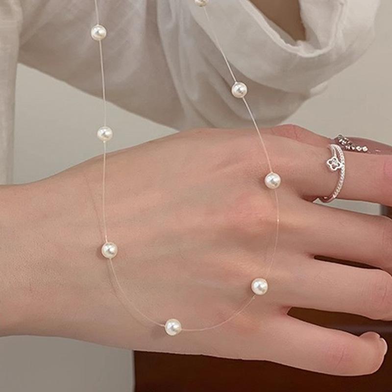 Shorea New Trendy 925 Sterling Silver Choker Necklace Light Luxury DIY Sweater Chain Fishing Line Pearl Charm Necklace for Women
