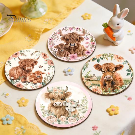 Healing Highland Calf Pattern Gifts Cow Cork Coasters, Cute Floral Farmhouse Drink Mats with Protective Furniture for Office Non-Slip Base,