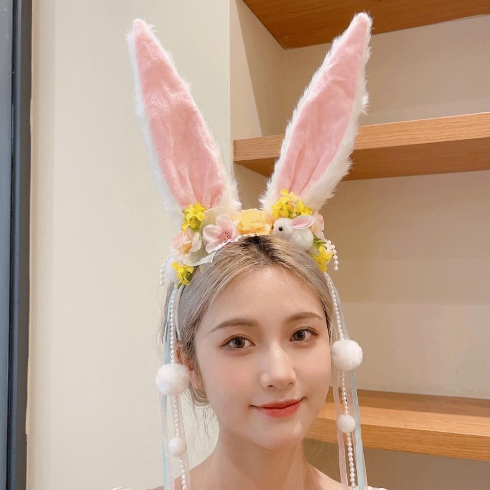 Flower Rabbit Hair Band Plush Rabbit Ear Hair Ornament Funny Mid-Autumn Festival Headband Festival