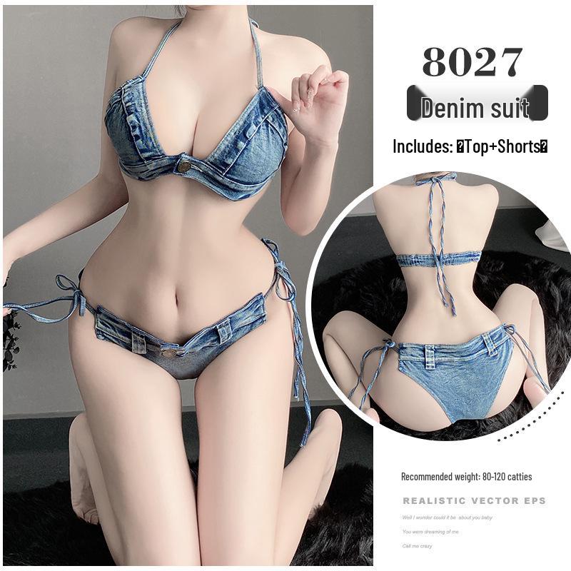 Ripped Denim Open-Crotch Shorts - Sexy Low-Waist Lingerie for Nightclub Temptation