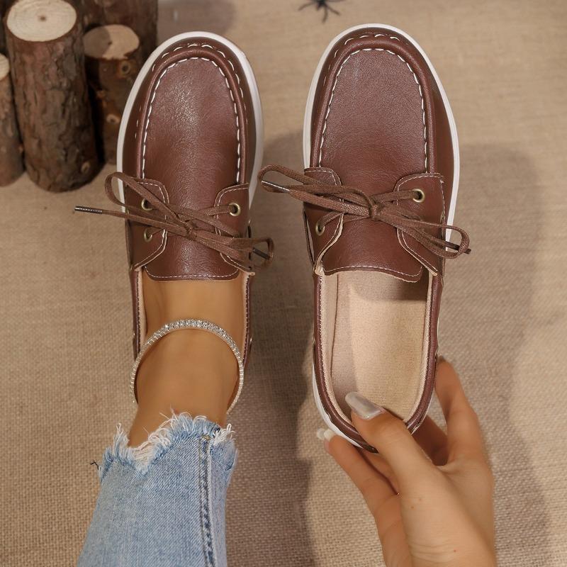Women's Vintage Lace Up Platform Loafers Brown PU Leather Casual Shoes Woman Lightweight Comfortable Low Top Sneakers Plus Size