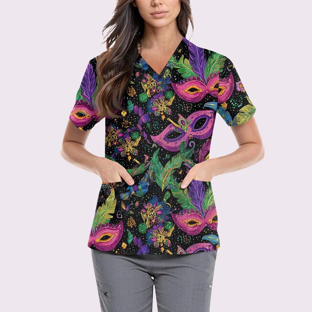 Women's Cute Printed Work Clothes V-neck Double Layer Pockets Basic Short Sleeve Top Pullover Valentines